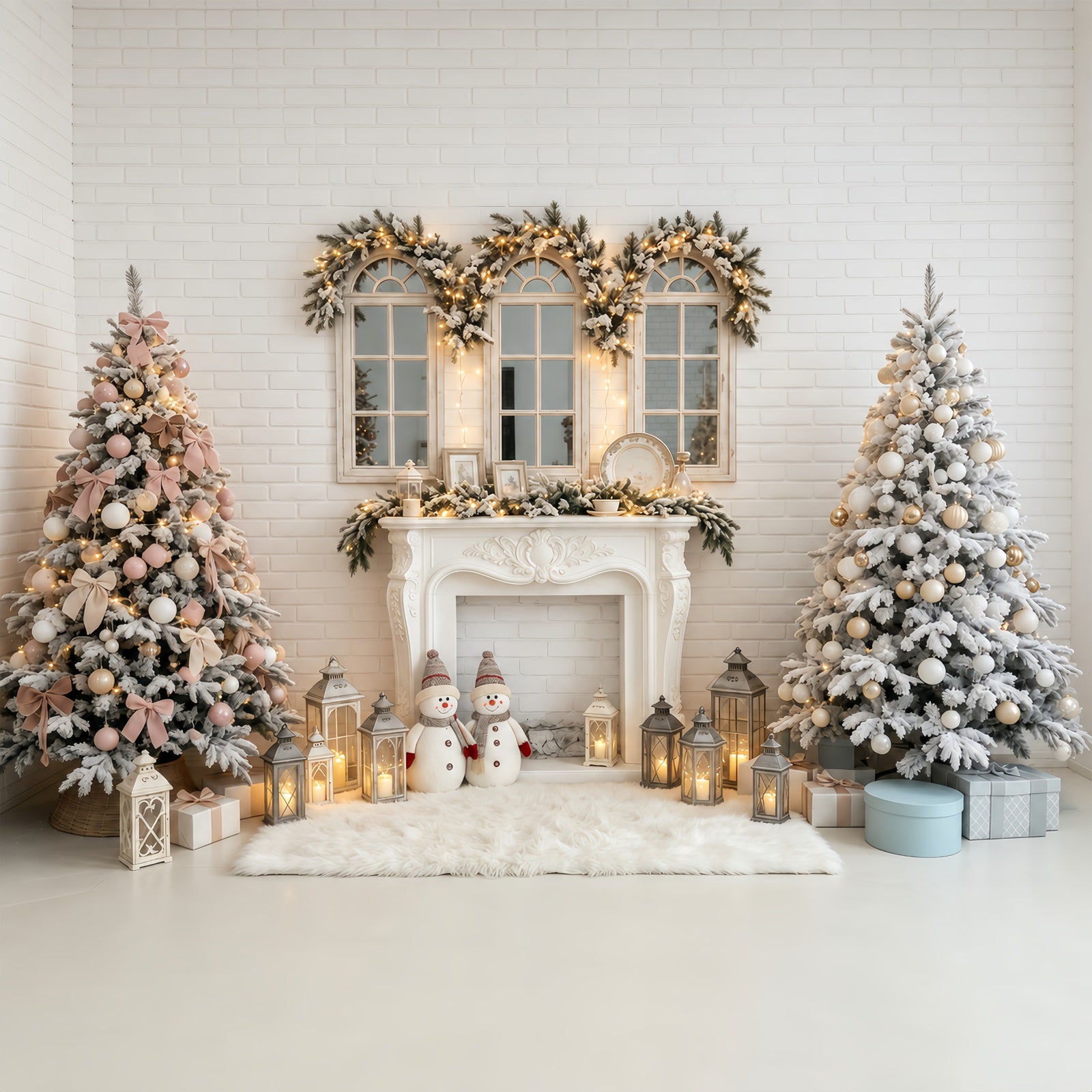 Christmas Scene Backdrop White Brick Fireplace Lanterns Christmas Photo Backdrops GQ68-81