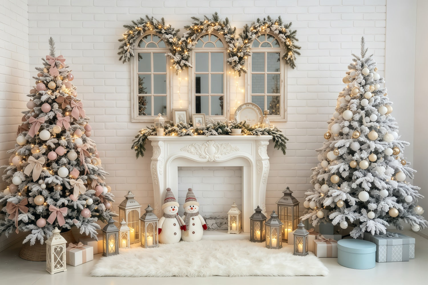 Christmas Scene Backdrop White Brick Fireplace Lanterns Christmas Photo Backdrops GQ68-81