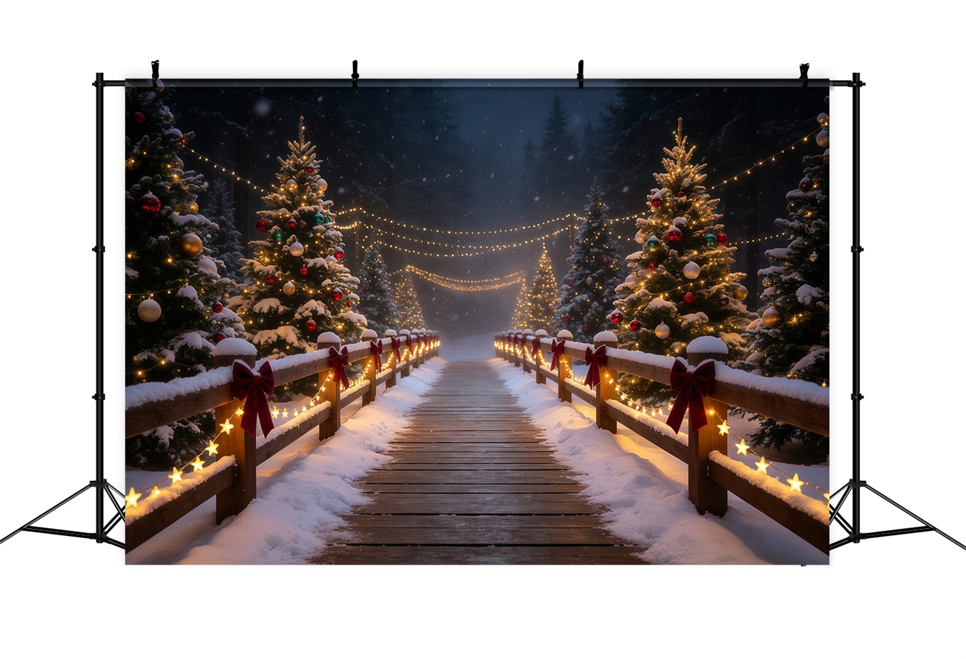 Snowy Christmas Backdrop Glowing Forest Bridge Path Christmas Photography Backdrop GQ68-83