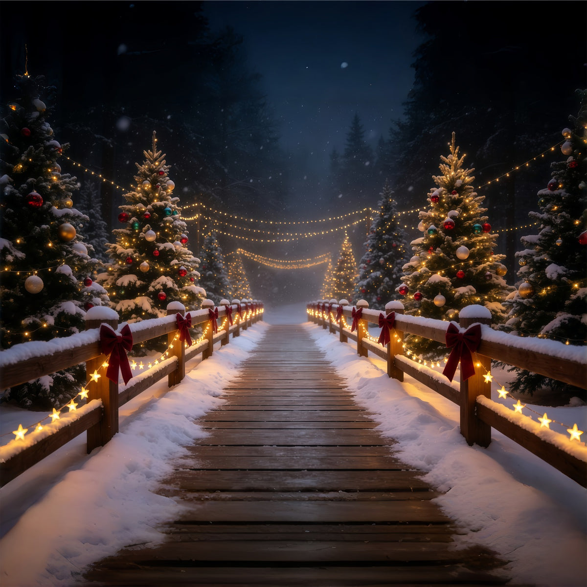 Snowy Christmas Backdrop Glowing Forest Bridge Path Christmas Photography Backdrop GQ68-83