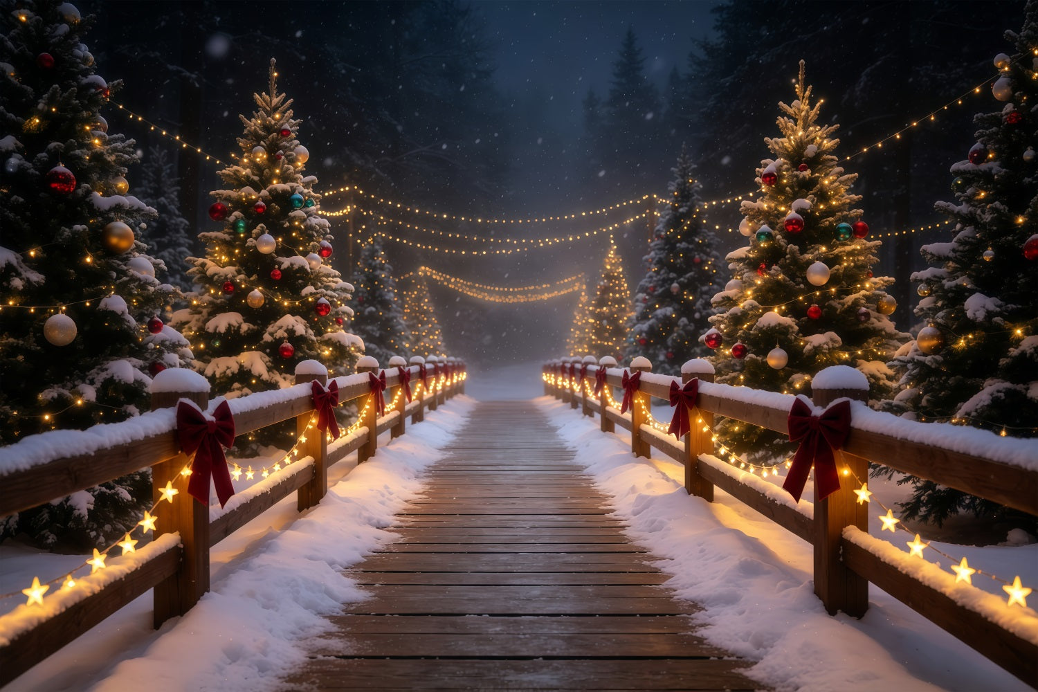 Snowy Christmas Backdrop Glowing Forest Bridge Path Christmas Photography Backdrop GQ68-83