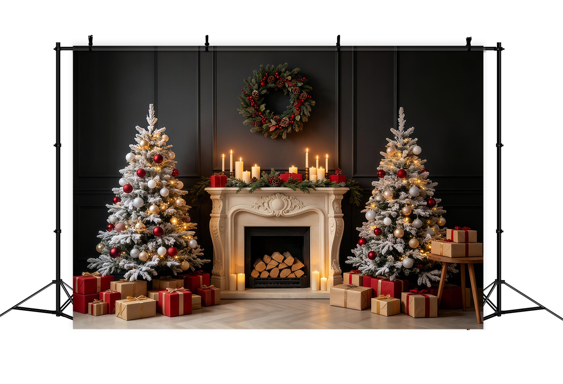 Vintage Christmas Backdrop Dark Fireplace Mantel Glow Professional Christmas Backdrops GQ68-84