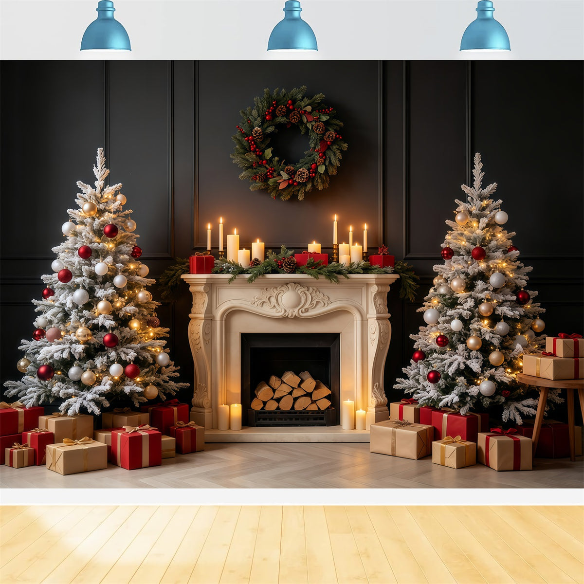 Vintage Christmas Backdrop Dark Fireplace Mantel Glow Professional Christmas Backdrops GQ68-84