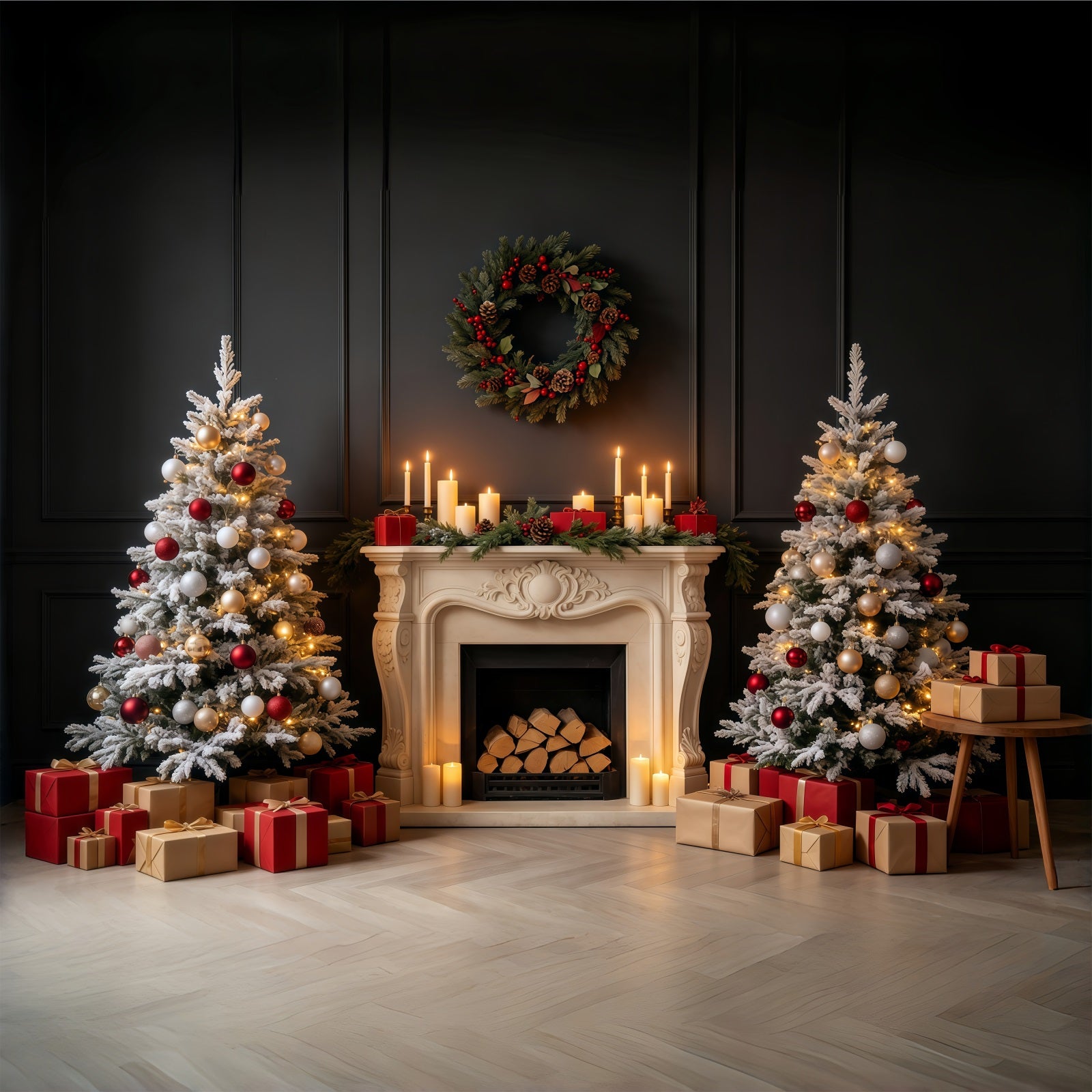 Vintage Christmas Backdrop Dark Fireplace Mantel Glow Professional Christmas Backdrops GQ68-84