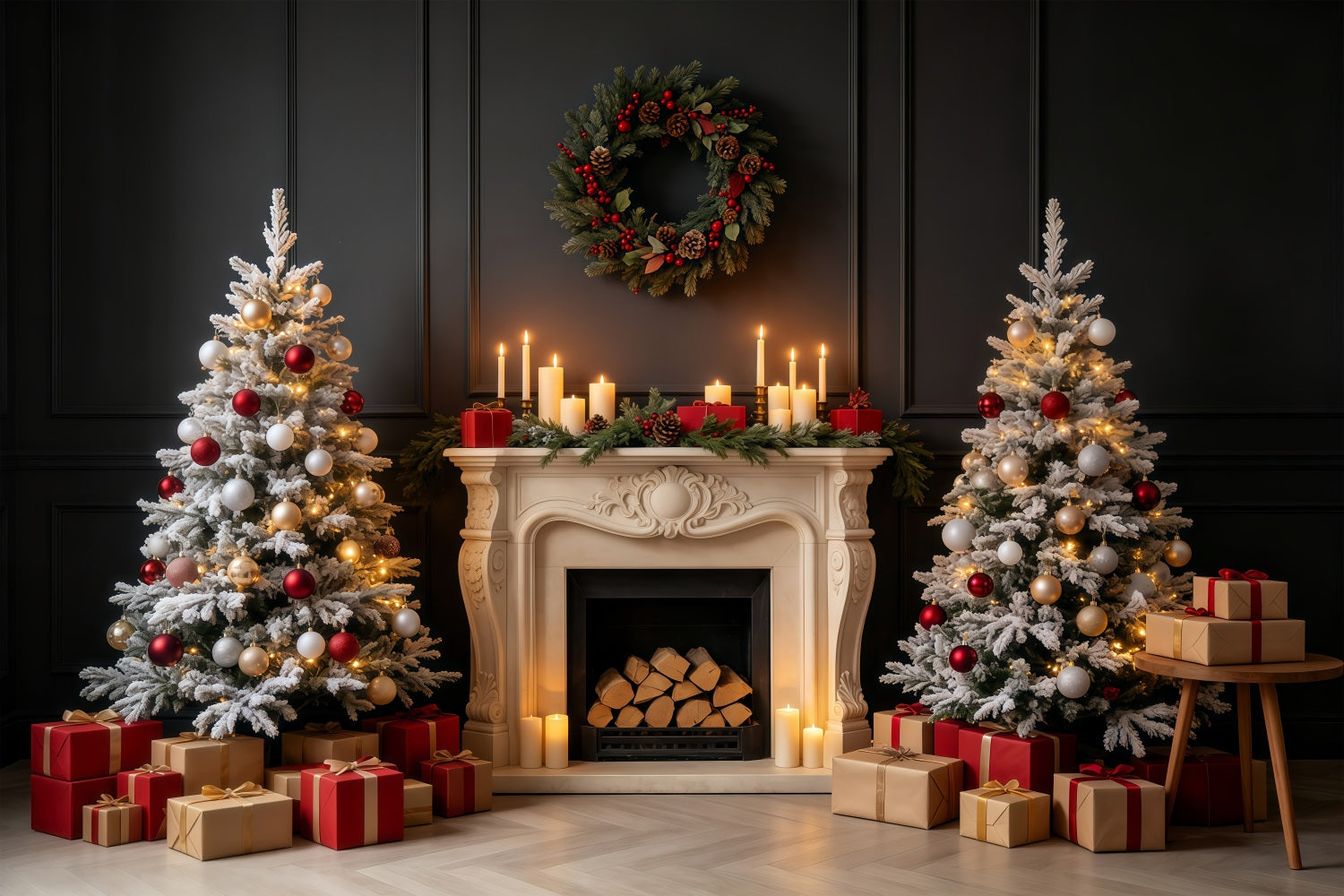 Vintage Christmas Backdrop Dark Fireplace Mantel Glow Professional Christmas Backdrops GQ68-84