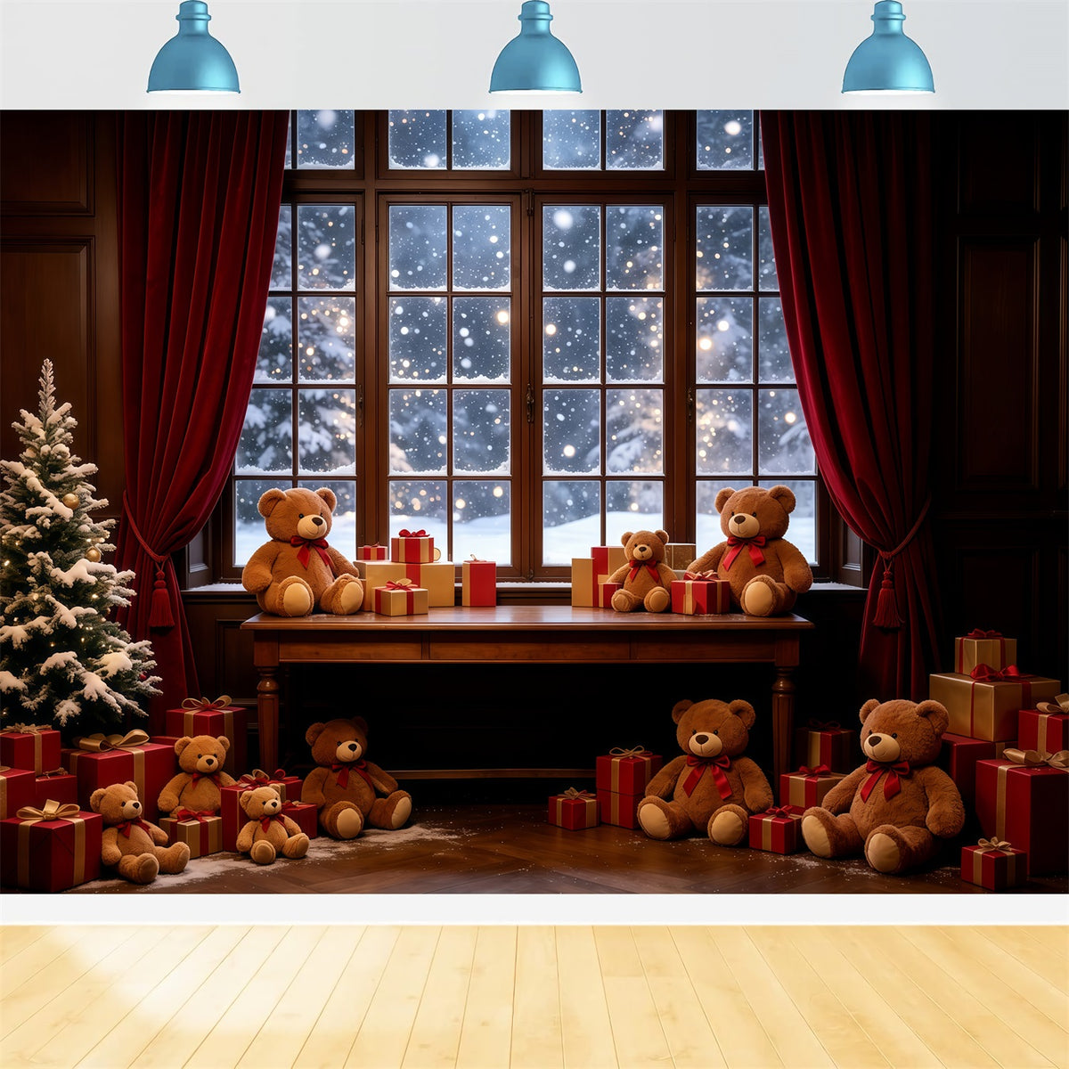 Cozy Christmas Backdrop Teddy Bear Window Display Christmas Photography Backdrops GQ68-85