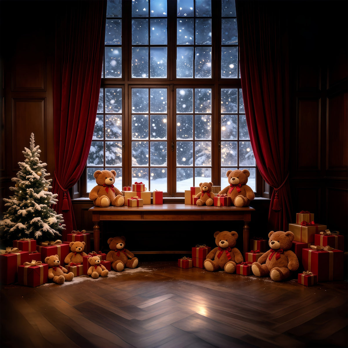 Cozy Christmas Backdrop Teddy Bear Window Display Christmas Photography Backdrops GQ68-85