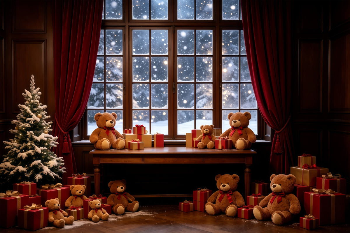 Cozy Christmas Backdrop Teddy Bear Window Display Christmas Photography Backdrops GQ68-85