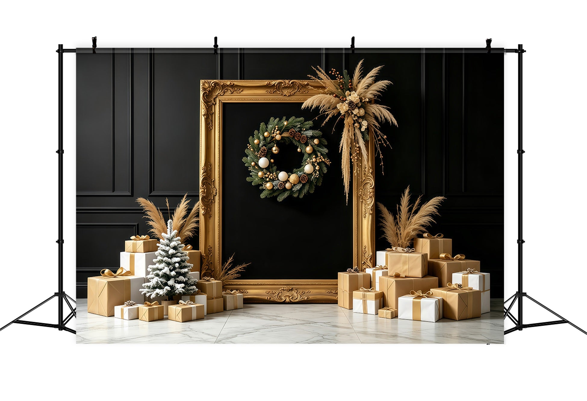 Black And Gold Christmas Backdrop Golden Frame Gift Display Large Christmas Backdrops GQ68-87