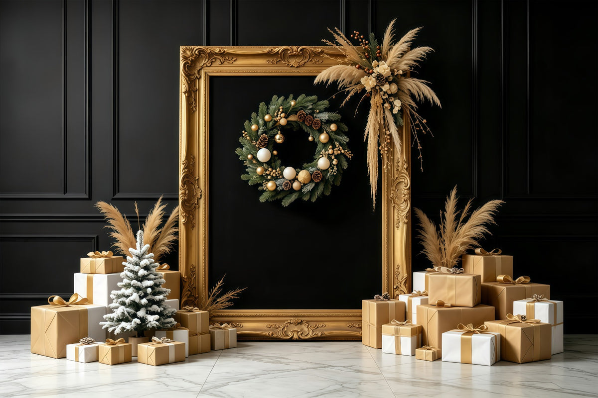 Black And Gold Christmas Backdrop Golden Frame Gift Display Large Christmas Backdrops GQ68-87