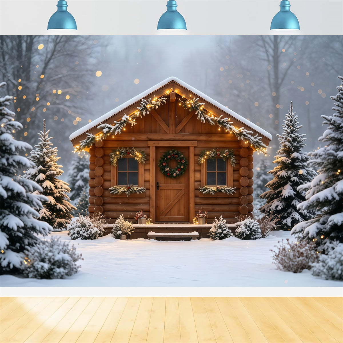 Country Christmas Backdrop Cozy Cabin Snowy Retreat Christmas Wall Backdrop GQ68-88