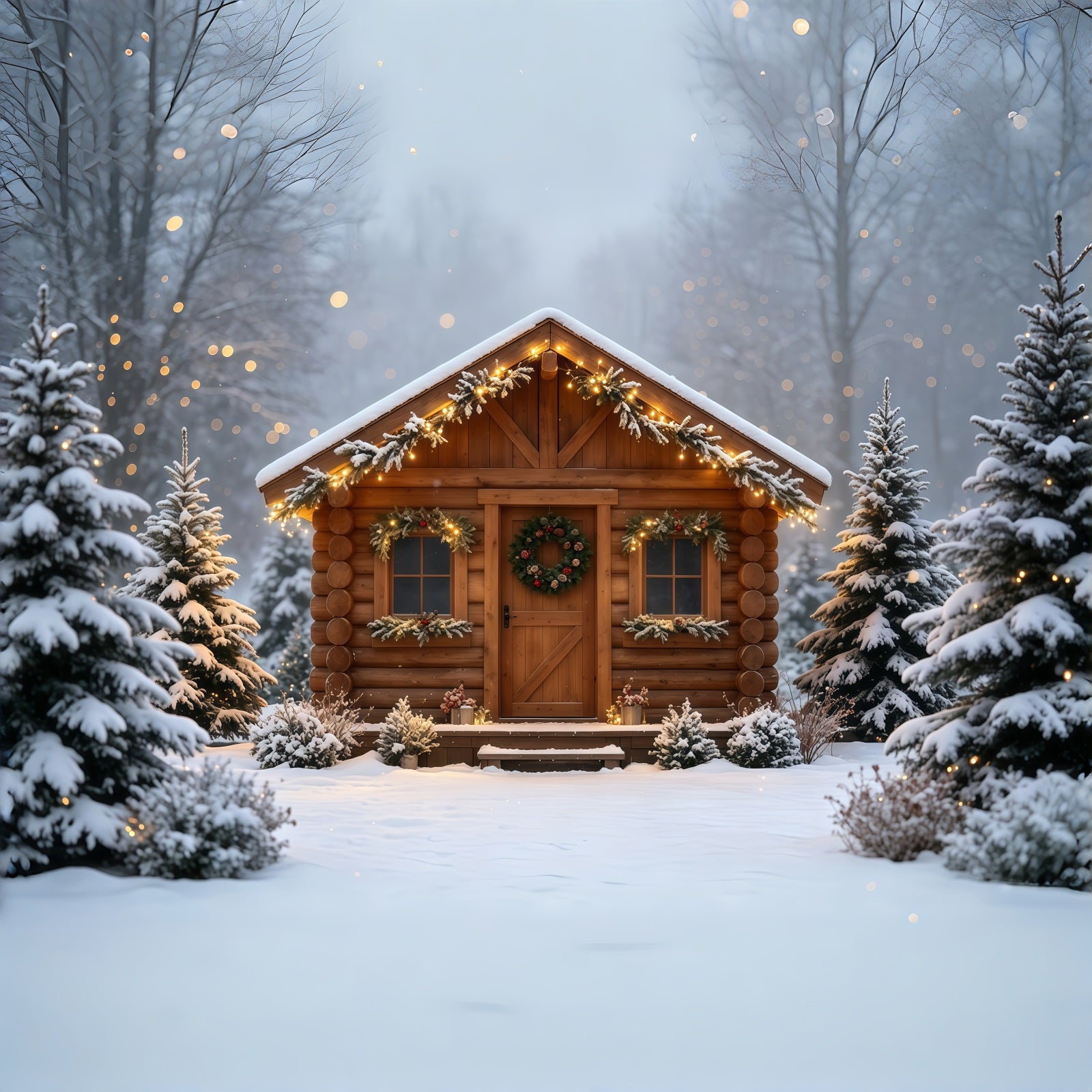 Country Christmas Backdrop Cozy Cabin Snowy Retreat Christmas Wall Backdrop GQ68-88