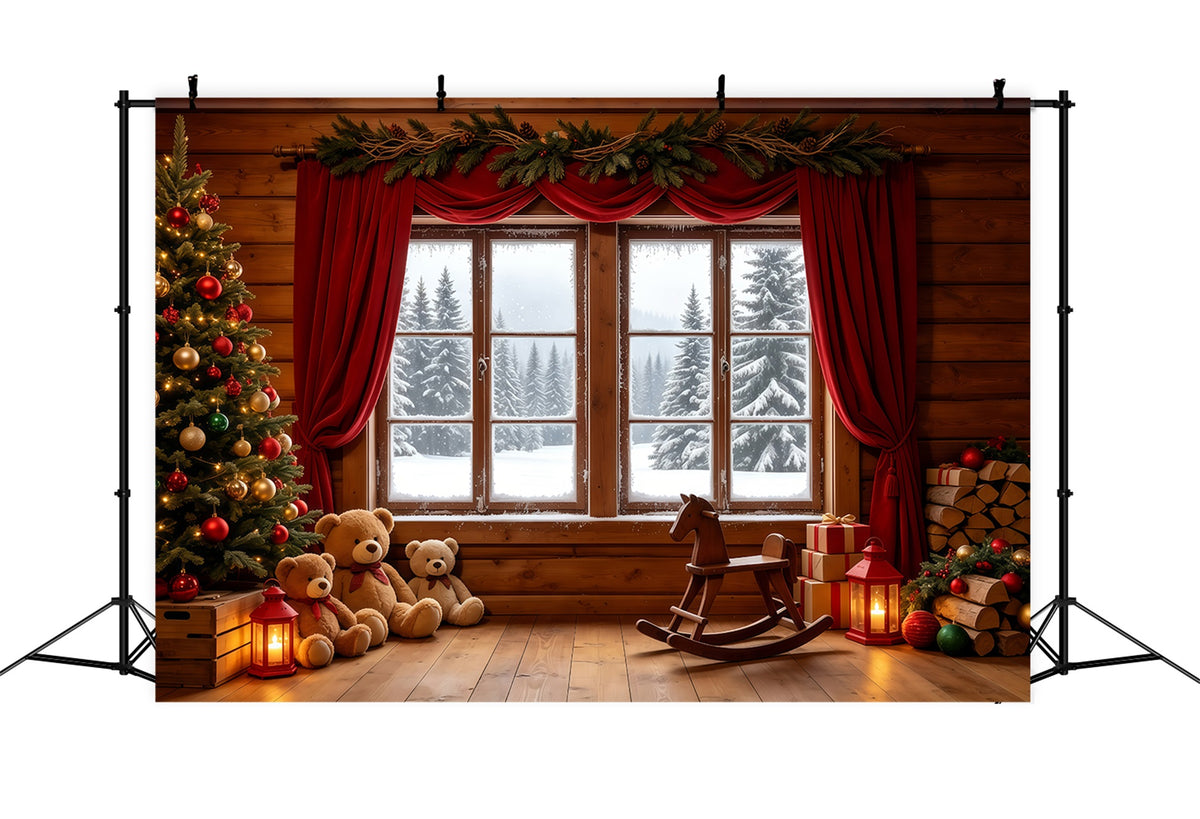 Christmas Cabin Backdrop Rustic Window Teddy Display Photography Christmas Backdrops GQ68-89
