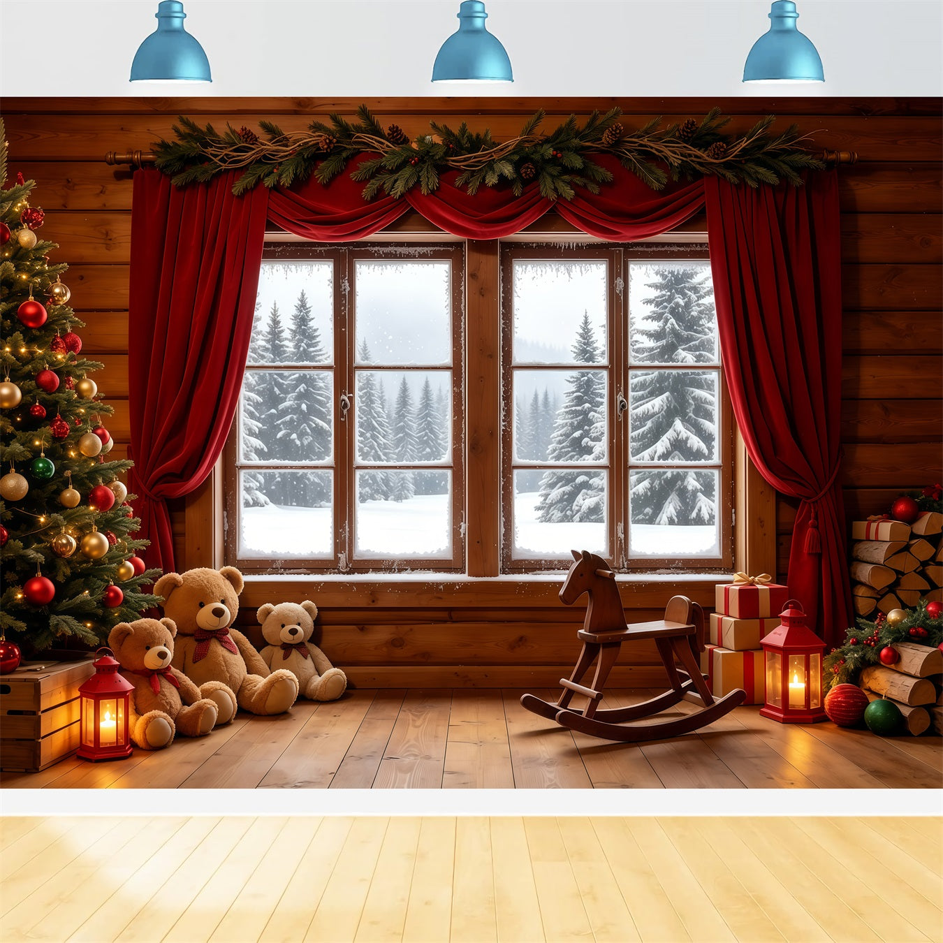 Christmas Cabin Backdrop Rustic Window Teddy Display Photography Christmas Backdrops GQ68-89