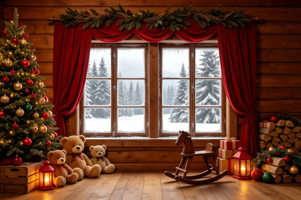 Christmas Cabin Backdrop Rustic Window Teddy Display Photography Christmas Backdrops GQ68-89