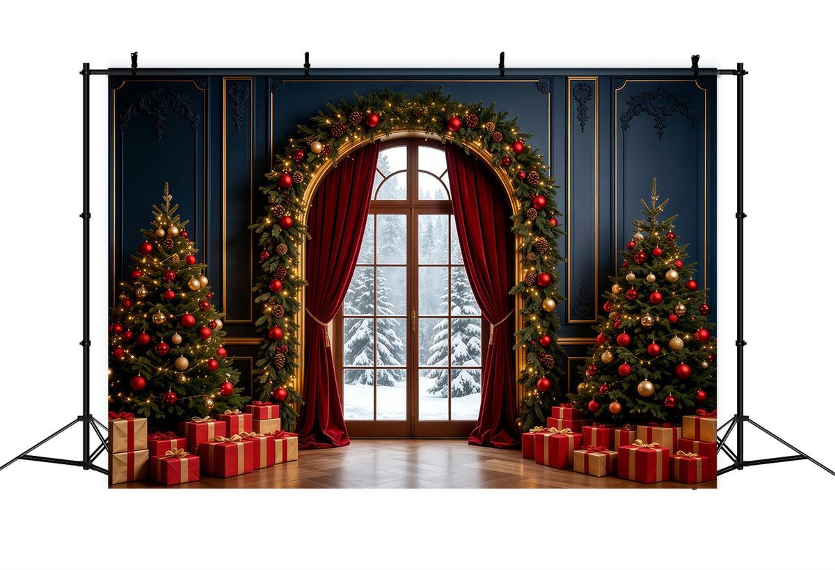 Christmas Living Room Backdrop Elegant Arched Window Decor Large Christmas Backdrop GQ68-90