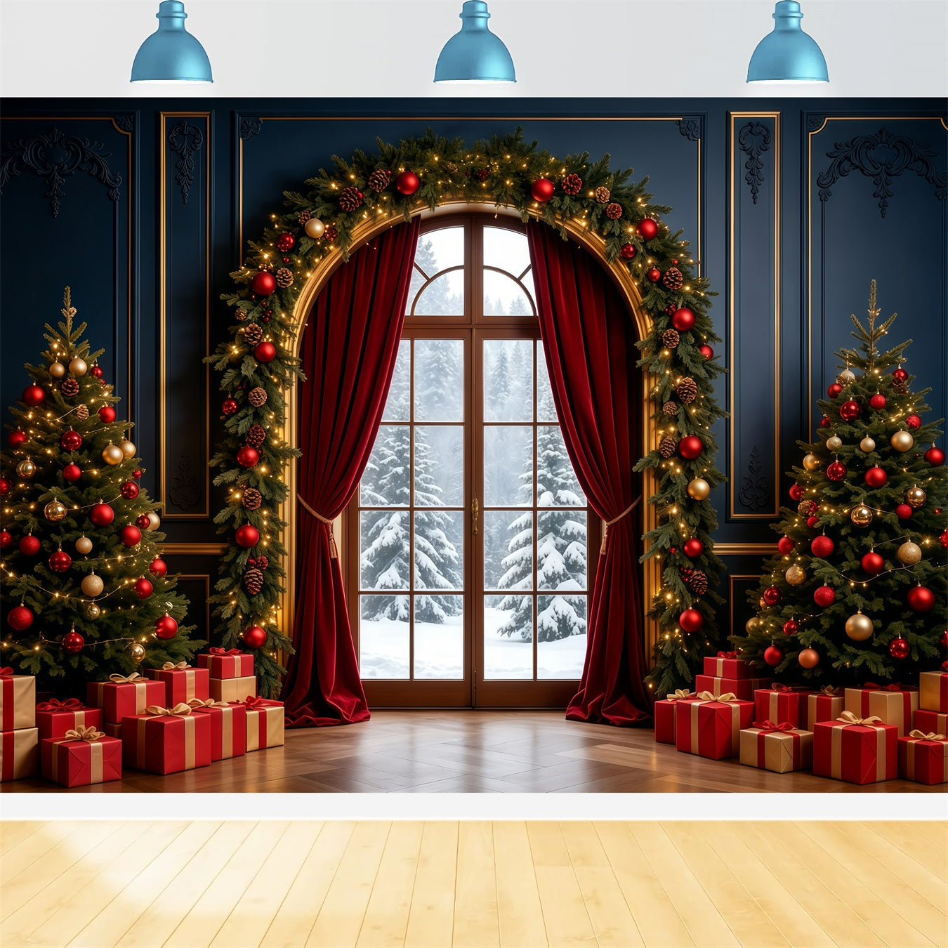 Christmas Living Room Backdrop Elegant Arched Window Decor Large Christmas Backdrop GQ68-90