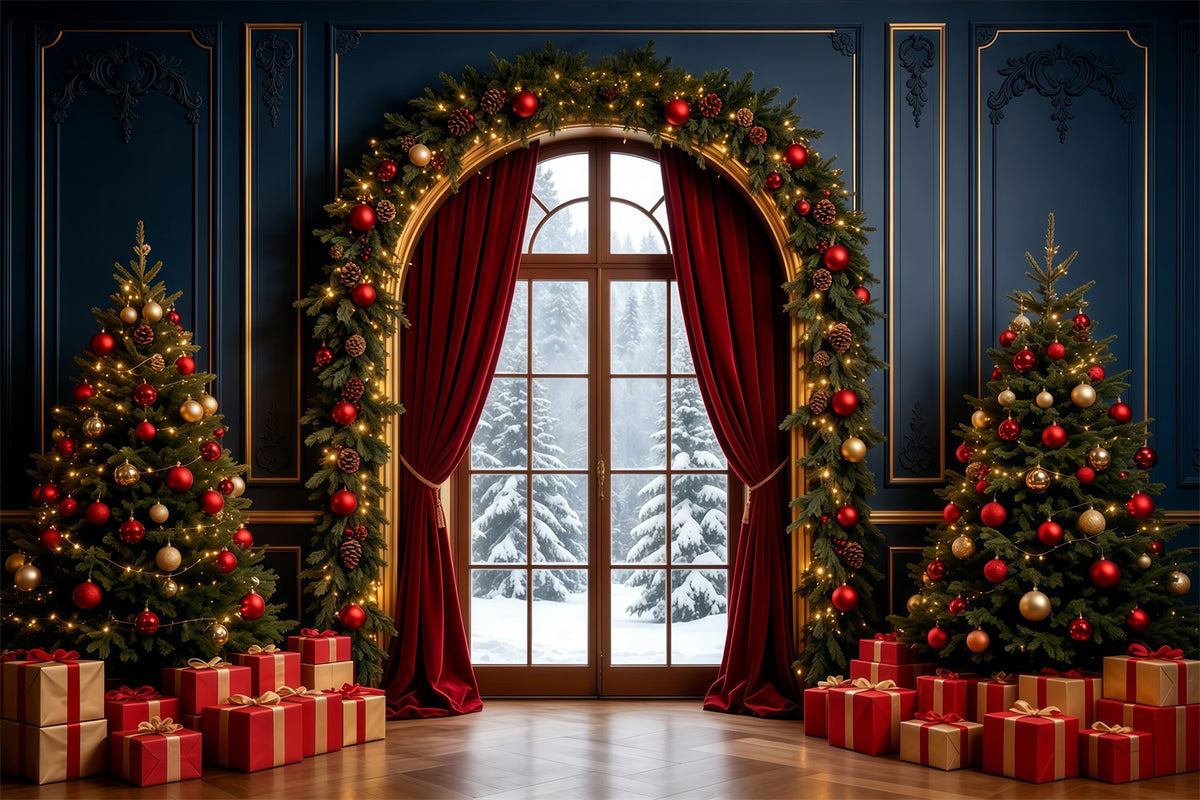 Christmas Living Room Backdrop Elegant Arched Window Decor Large Christmas Backdrop GQ68-90