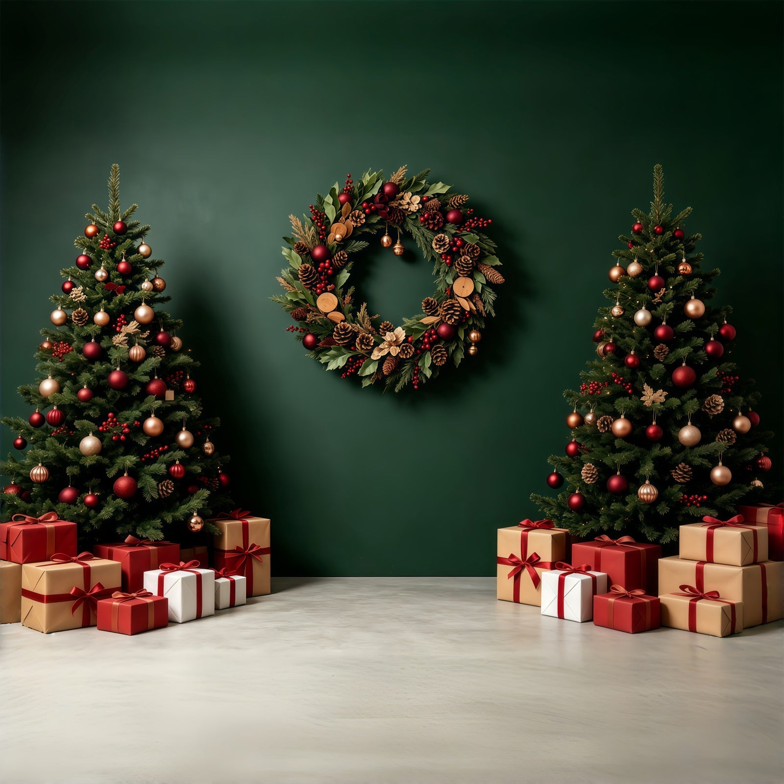 Green Christmas Backdrop Tree Wreath Gift Boxes Backdrops Christmas GQ68-91