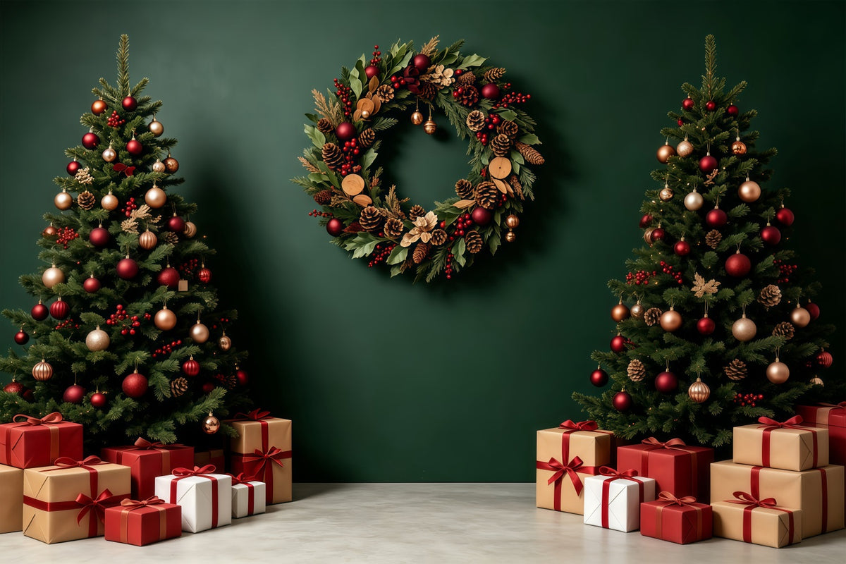 Green Christmas Backdrop Tree Wreath Gift Boxes Backdrops Christmas GQ68-91