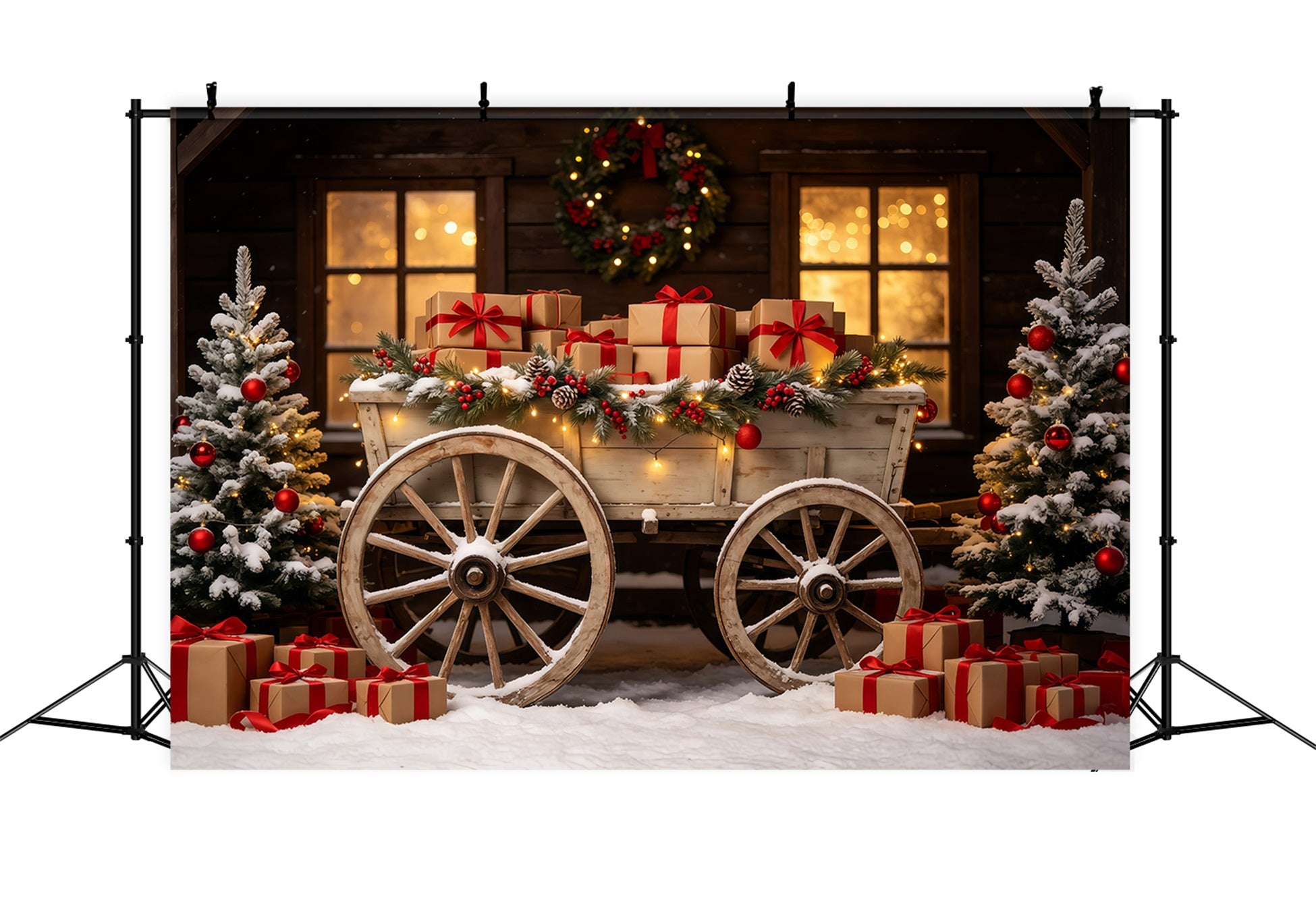 Outdoor Christmas Backdrop Rustic Wagon Gift Display Photography Christmas Backdrop GQ68-92