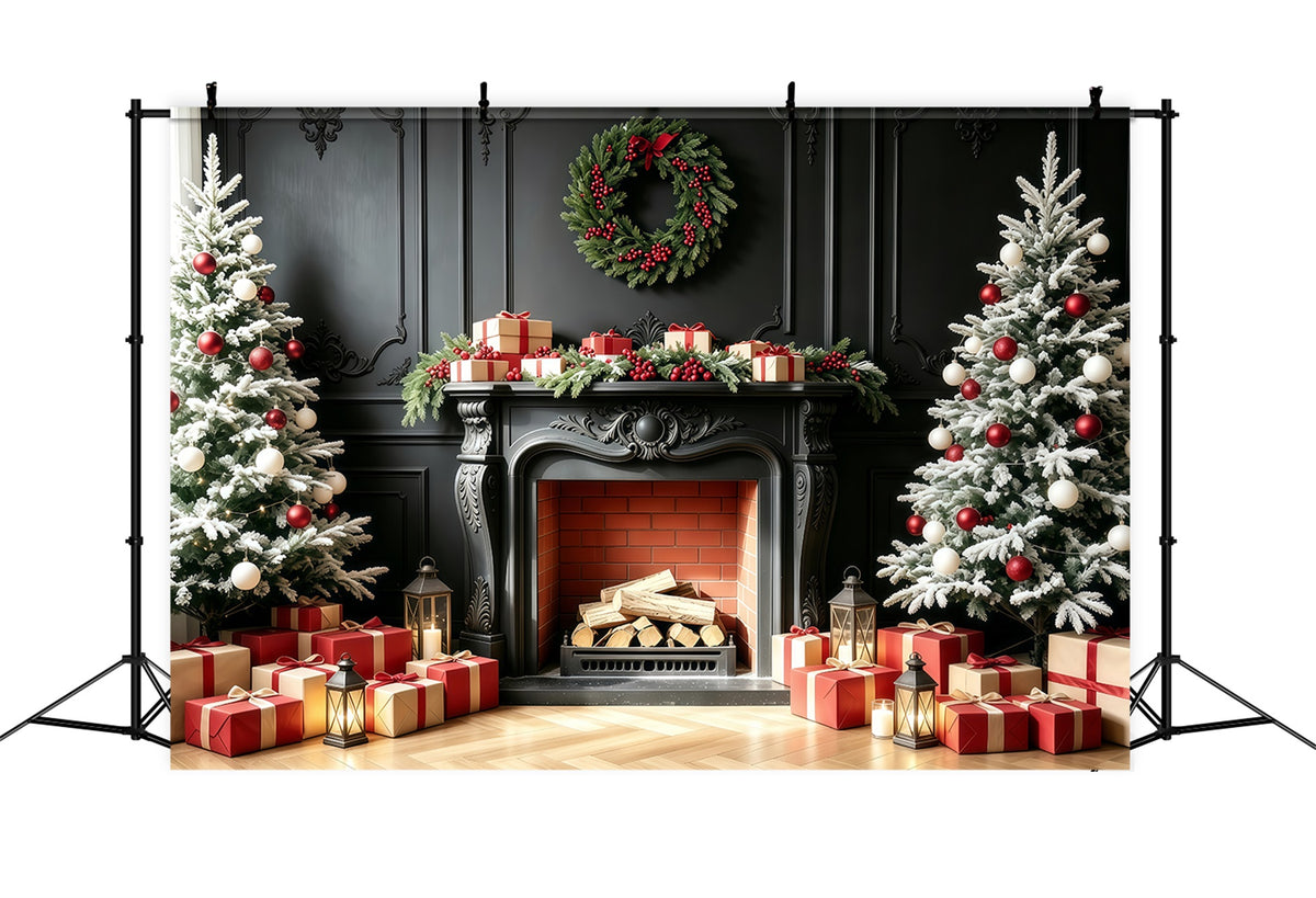 Fireplace Backdrop Christmas Black Mantel Tree Gift Photo Backdrops Christmas GQ68-94