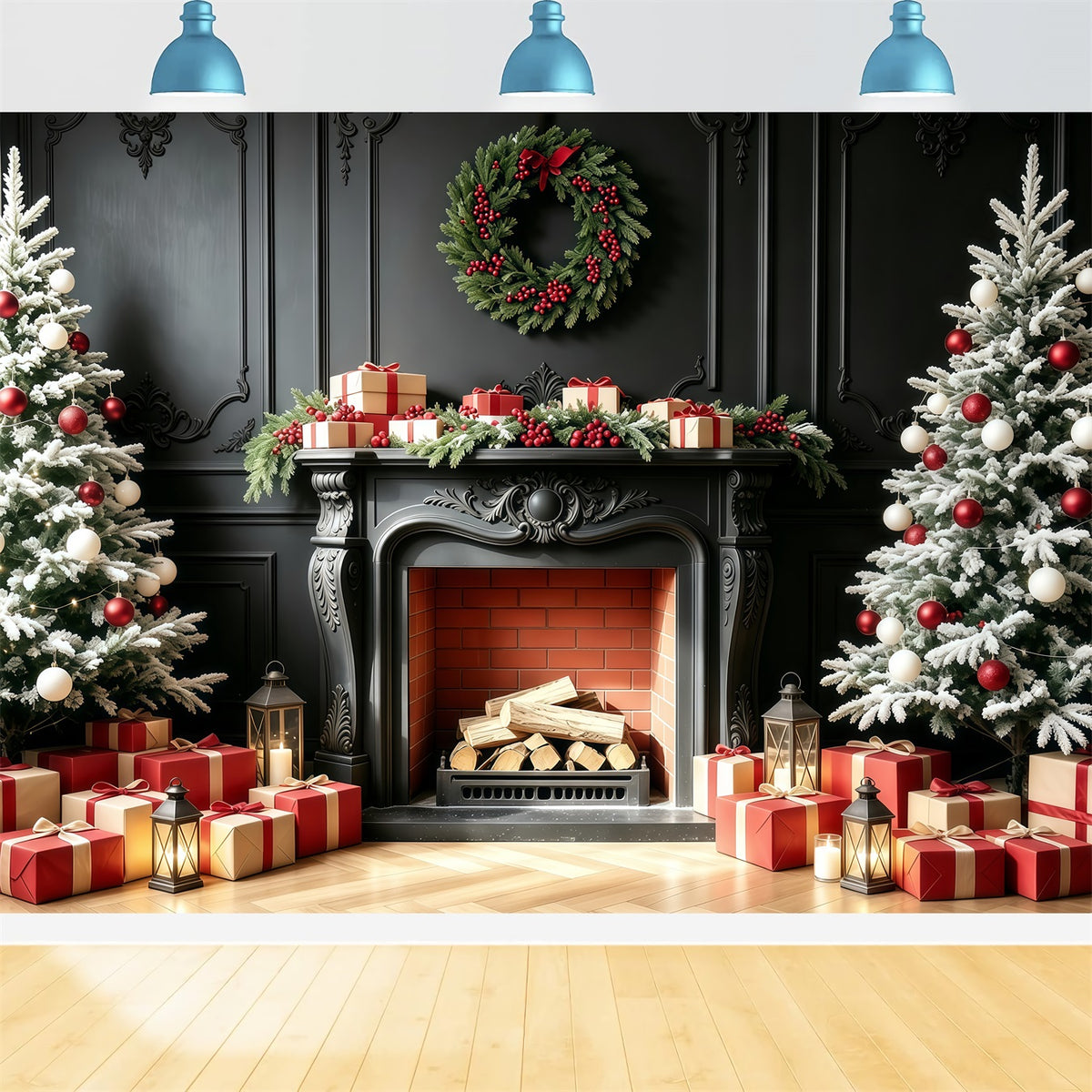 Fireplace Backdrop Christmas Black Mantel Tree Gift Photo Backdrops Christmas GQ68-94