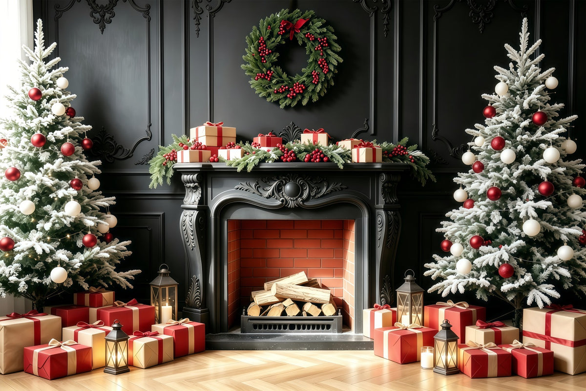 Fireplace Backdrop Christmas Black Mantel Tree Gift Photo Backdrops Christmas GQ68-94