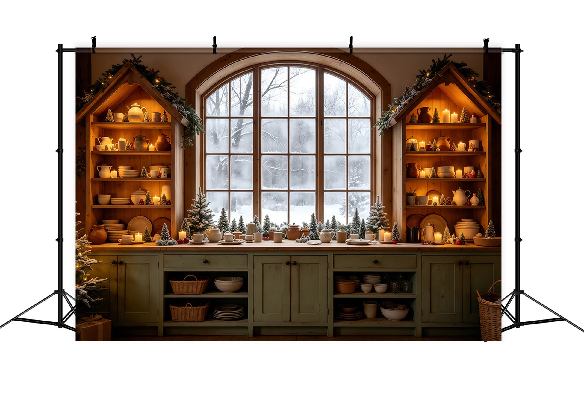 Christmas Kitchen Backdrop Cozy Kitchen Snowy Window Christmas Wall Backdrops GQ68-95