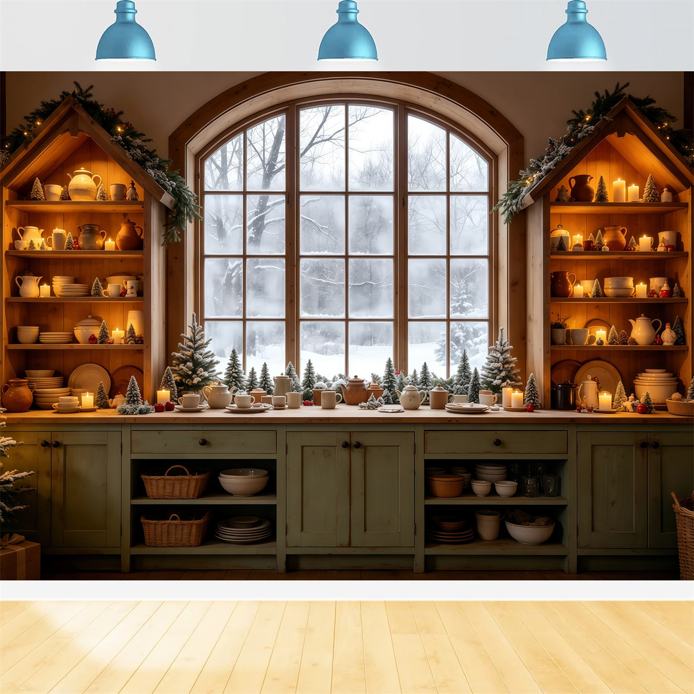 Christmas Kitchen Backdrop Cozy Kitchen Snowy Window Christmas Wall Backdrops GQ68-95
