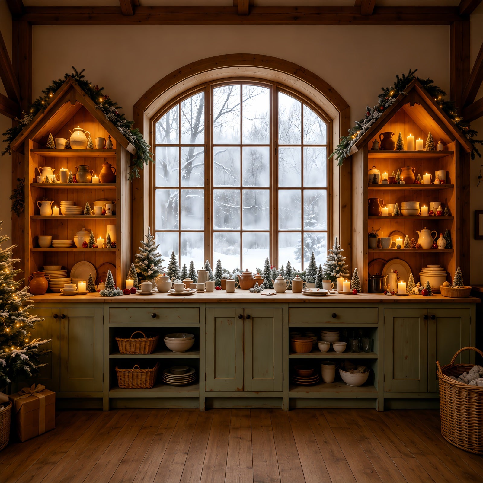 Christmas Kitchen Backdrop Cozy Kitchen Snowy Window Christmas Wall Backdrops GQ68-95