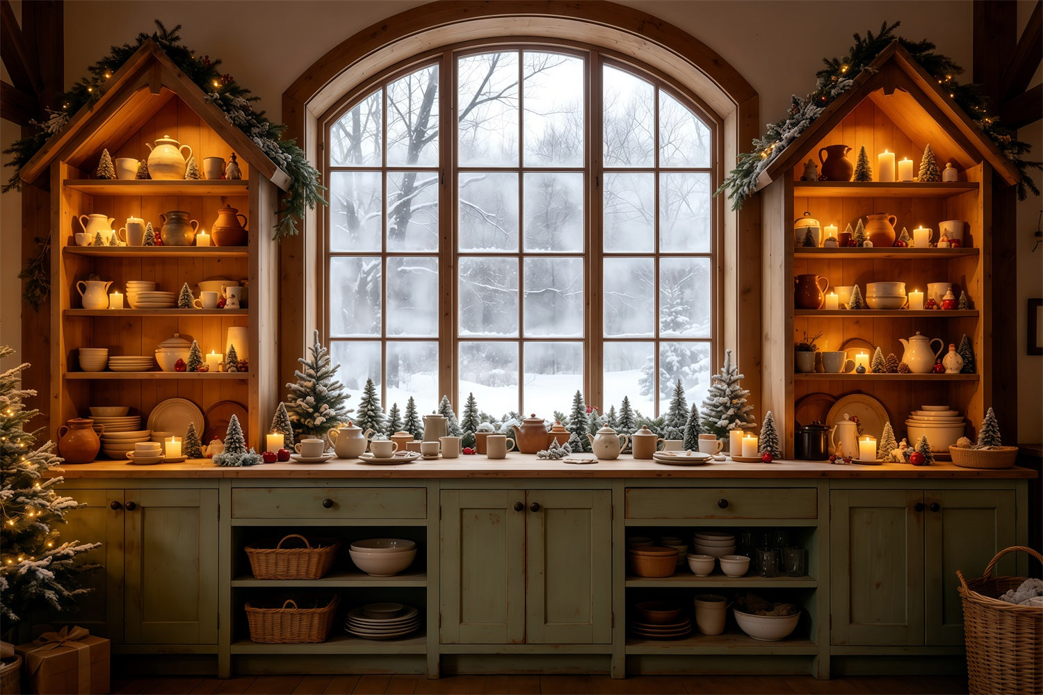 Christmas Kitchen Backdrop Cozy Kitchen Snowy Window Christmas Wall Backdrops GQ68-95