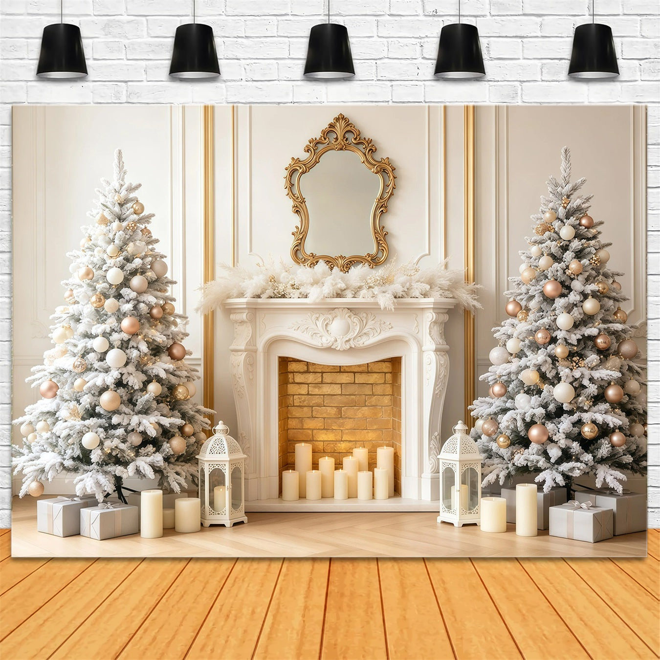 Elegant Christmas Backdrop White Gold Fireplace Tree Photography Backdrop Christmas GQ68-97