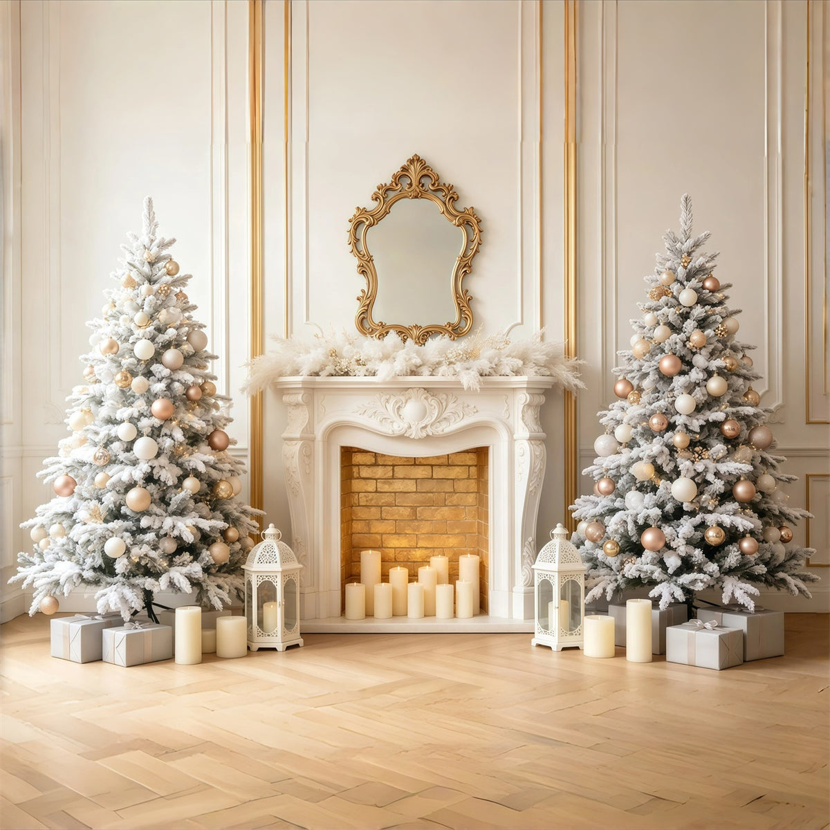 Elegant Christmas Backdrop White Gold Fireplace Tree Photography Backdrop Christmas GQ68-97