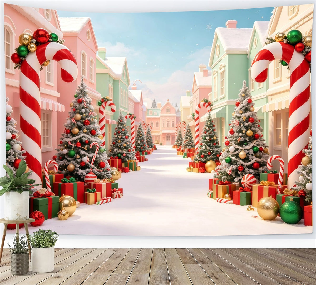 Christmas Village Backdrop Candy Cane Trees Street Indoor Christmas Backdrop GQ68-98
