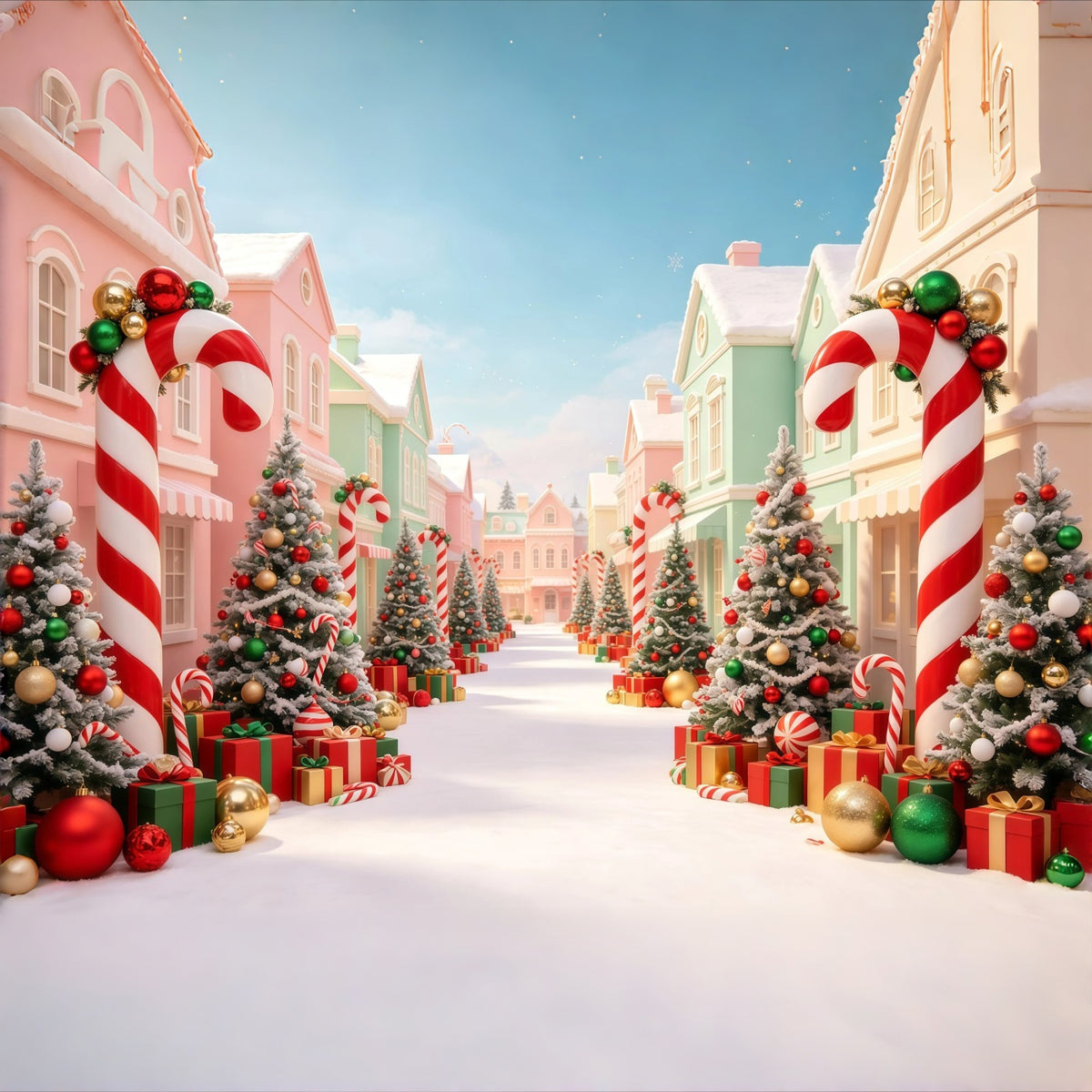 Christmas Village Backdrop Candy Cane Trees Street Indoor Christmas Backdrop GQ68-98