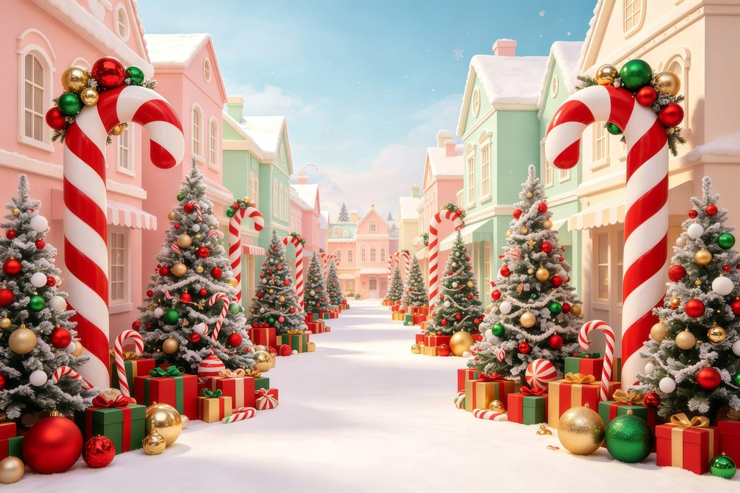 Christmas Village Backdrop Candy Cane Trees Street Indoor Christmas Backdrop GQ68-98
