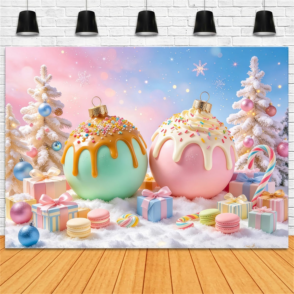 A Christmas Story Backdrop Green Pink Candy Ornament Pastel Christmas Backdrop GQ69-100