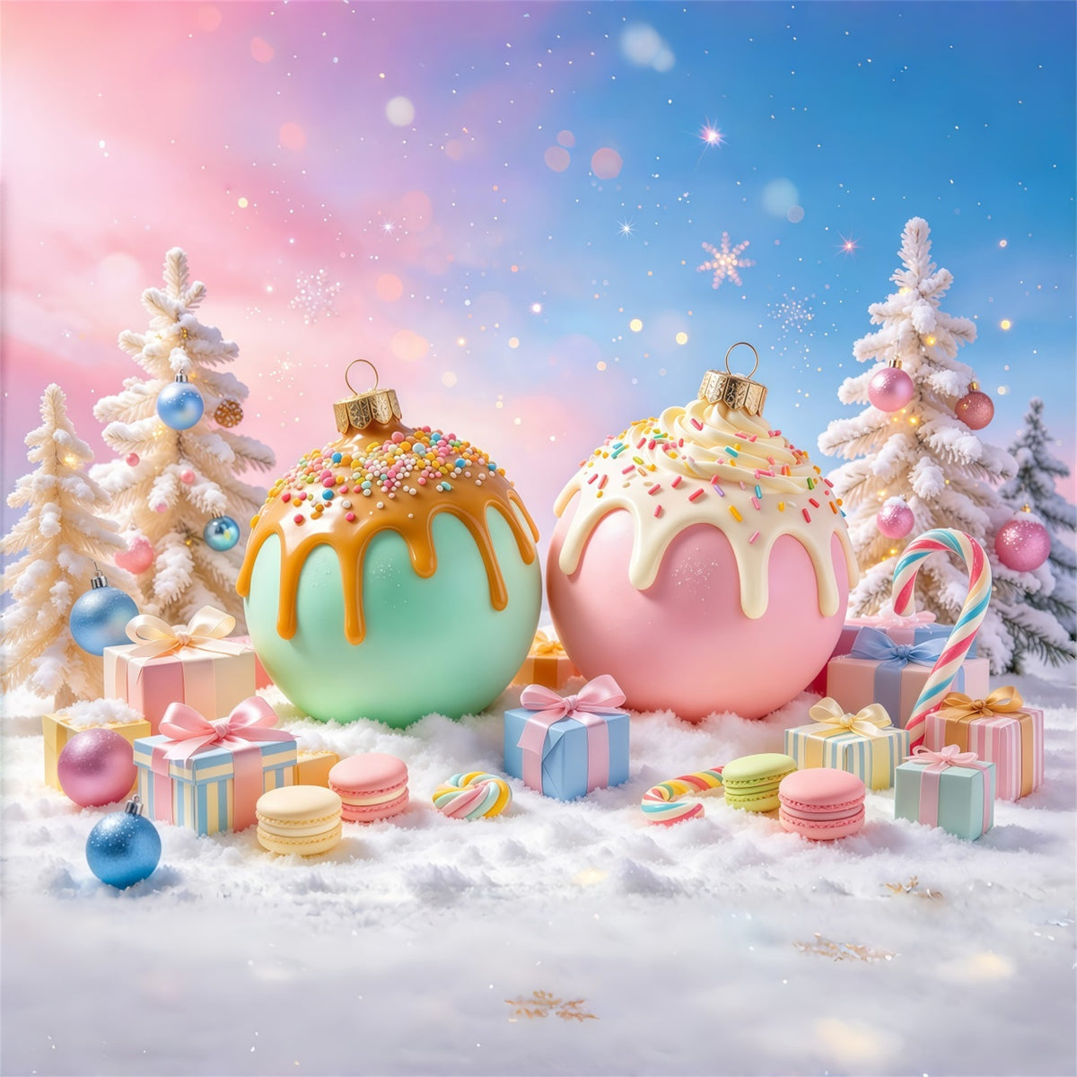A Christmas Story Backdrop Green Pink Candy Ornament Pastel Christmas Backdrop GQ69-100