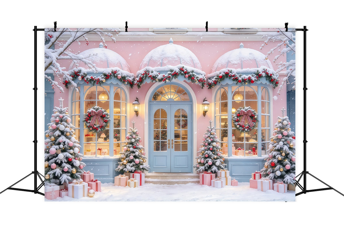 Christmas Family Backdrop Pastel Snowy Shopfront Display Pink Christmas Backdrops GQ69-102