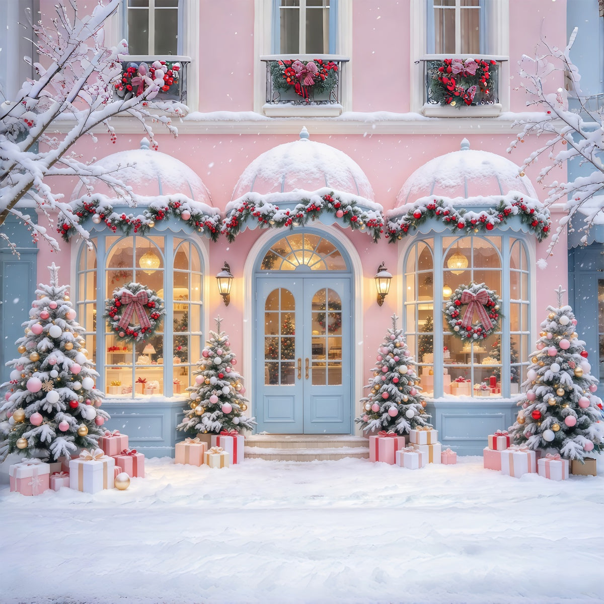 Christmas Family Backdrop Pastel Snowy Shopfront Display Pink Christmas Backdrops GQ69-102