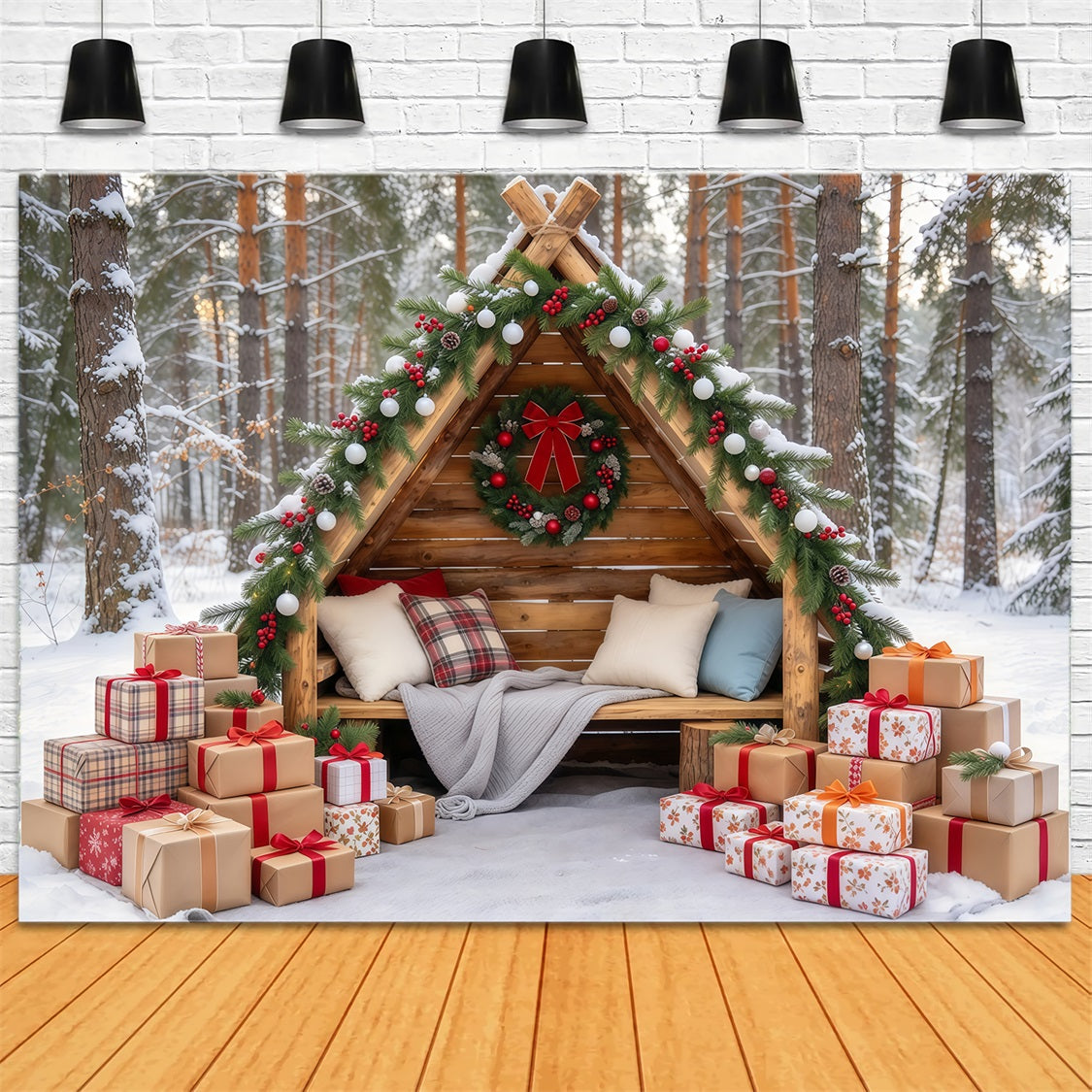 Outdoor Christmas Backdrop For Photos Rustic Woodland Cabin Christmas Vacation Photo Backdrop GQ69-105