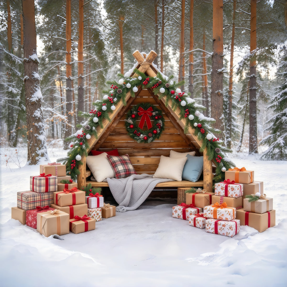 Outdoor Christmas Backdrop For Photos Rustic Woodland Cabin Christmas Vacation Photo Backdrop GQ69-105