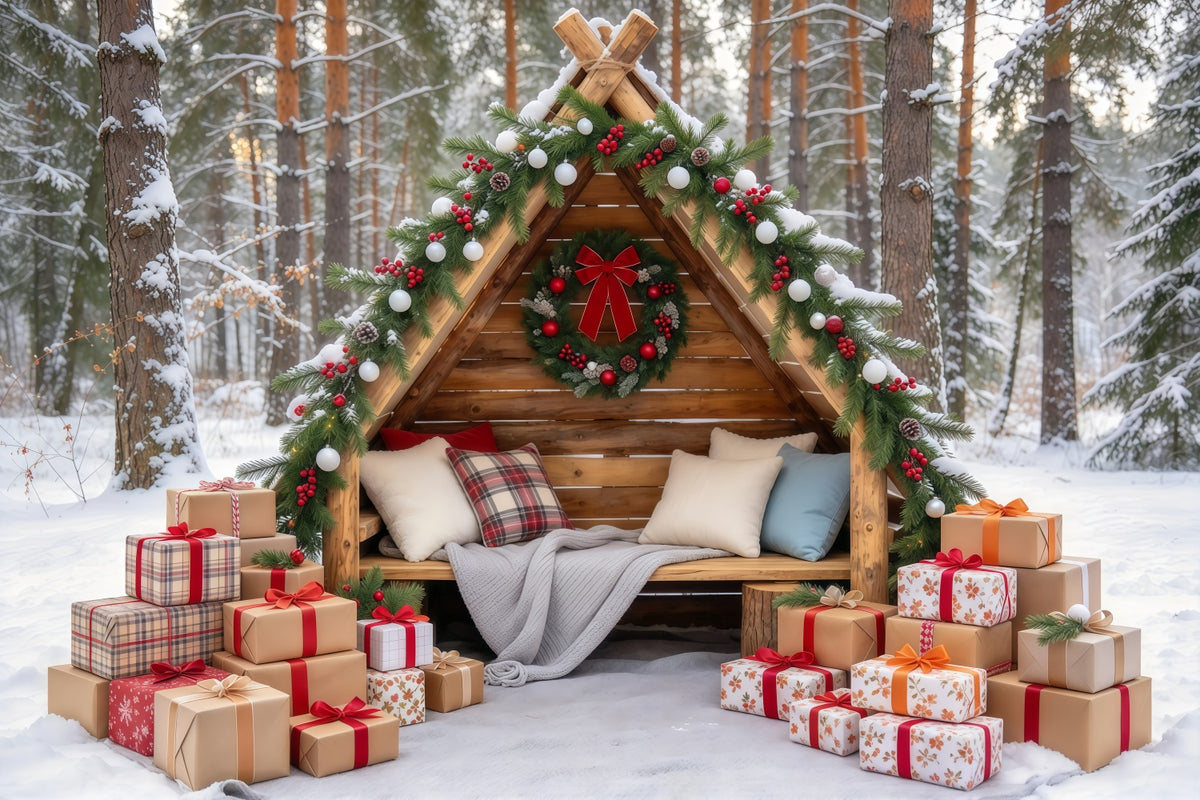 Outdoor Christmas Backdrop For Photos Rustic Woodland Cabin Christmas Vacation Photo Backdrop GQ69-105