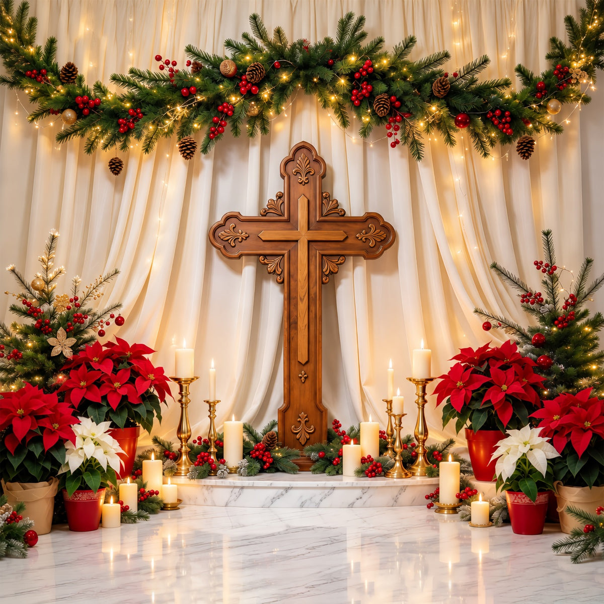 Religious Christmas Backdrops Candlelit Cross Poinsettia Christian Christmas Backdrops GQ69-106