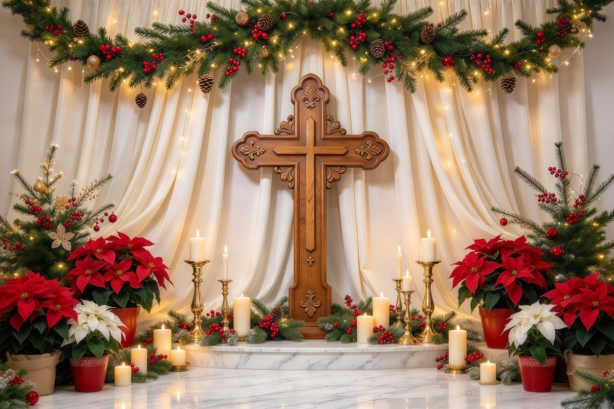 Religious Christmas Backdrops Candlelit Cross Poinsettia Christian Christmas Backdrops GQ69-106