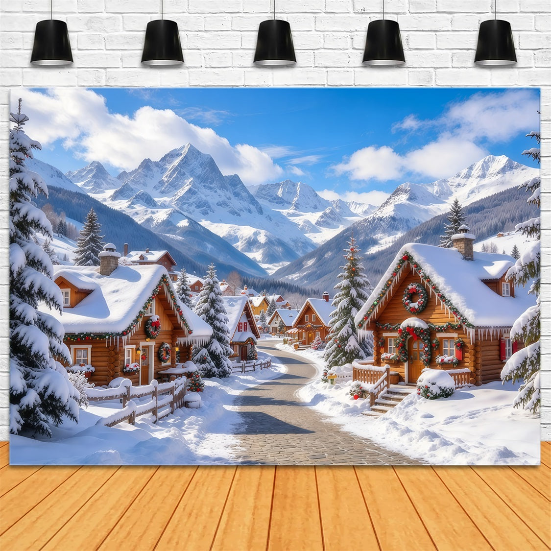 Christmas Village Backdrop Snowy Alpine Cabin Countryside Christmas Backdrop Cloth GQ69-107