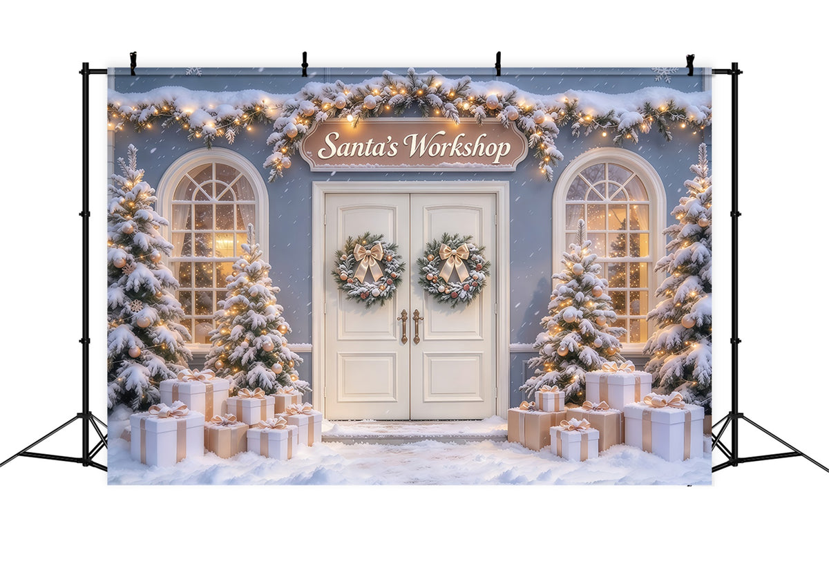High Resolution Christmas Backdrops Snowy Door Display Santas Workshop Photo Backdrop GQ69-108
