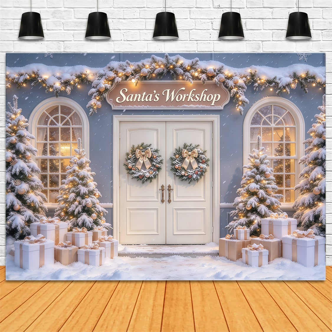 High Resolution Christmas Backdrops Snowy Door Display Santas Workshop Photo Backdrop GQ69-108