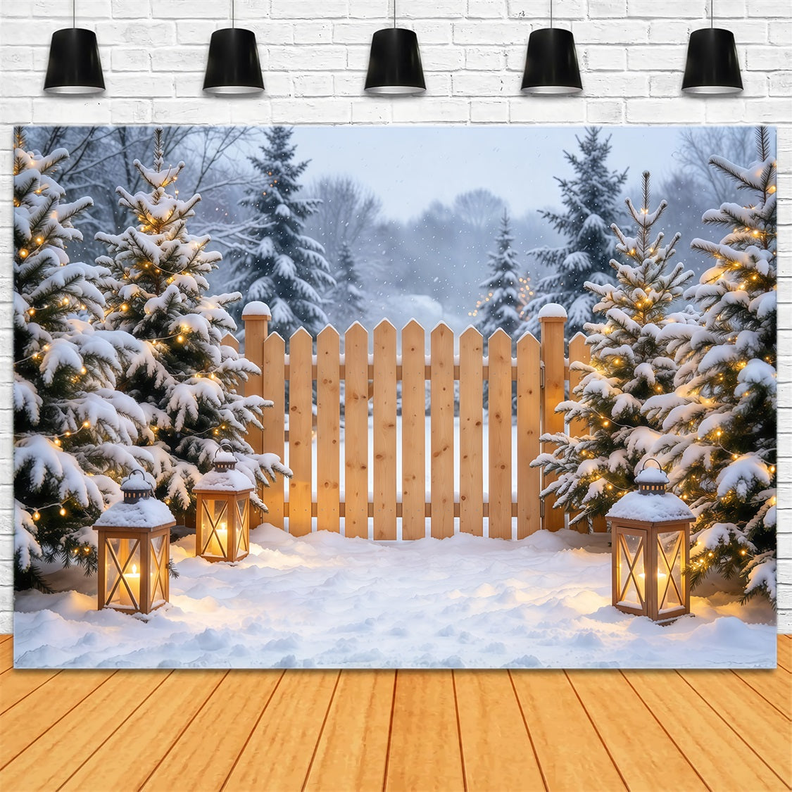 Christmas Backdrop Outside Snowy Pine Lantern Fence Cloth Christmas Backdrops GQ69-110